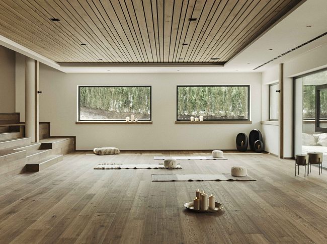 Moderner, heller Raum mit Holzboden und -decke. Große Fenster bieten Blick ins Grüne. Yogamatten und Kissen auf dem Boden, entspannte Atmosphäre.